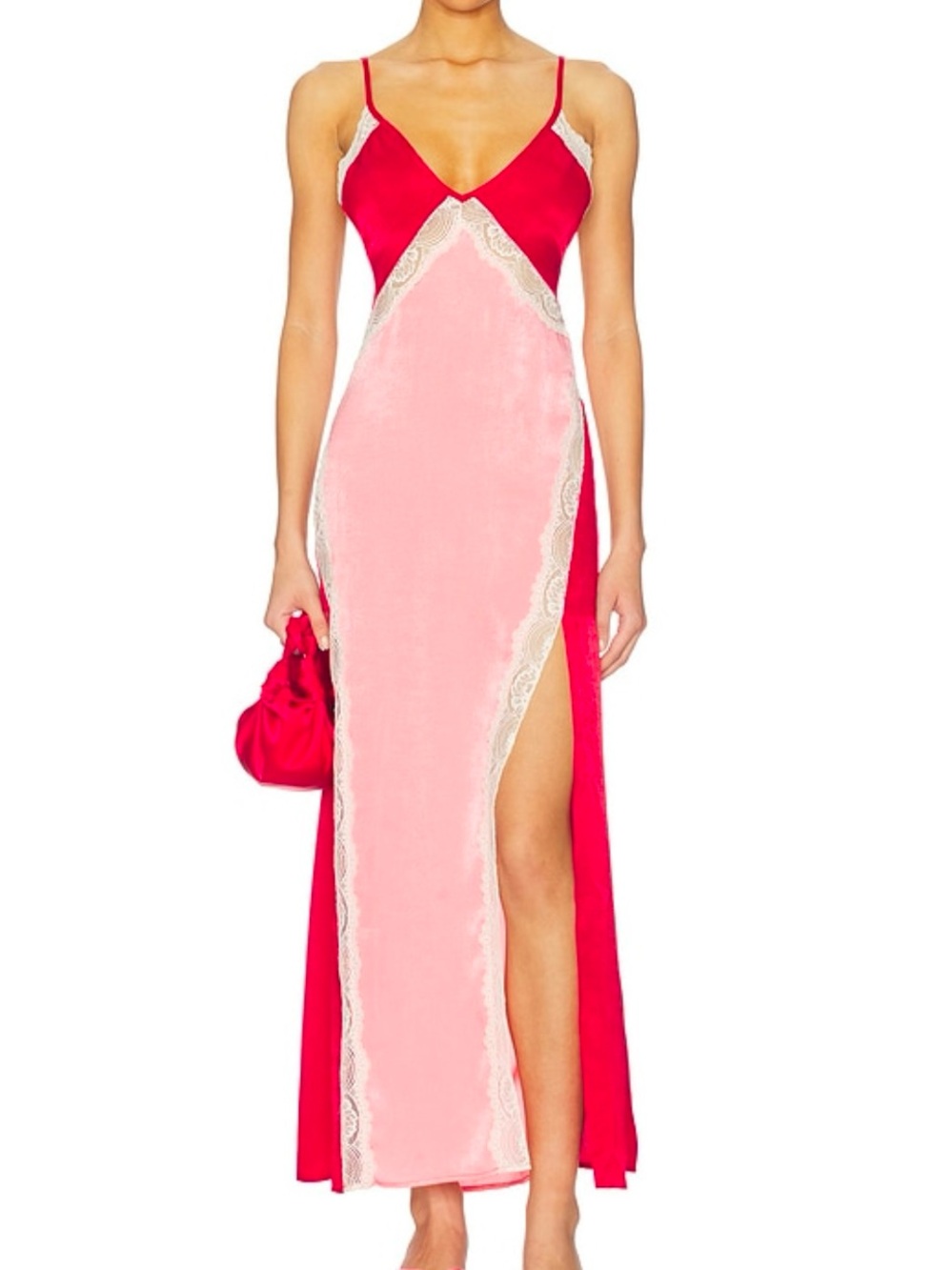 NWOT Free People Some Kind of Love Red and Pink Lace-Trim Maxi Slip Dress